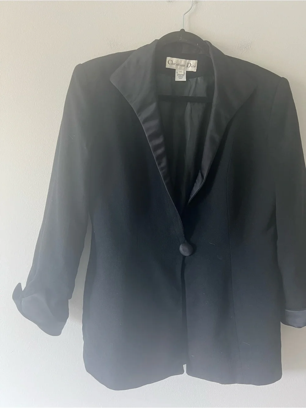Christian Dior Black Satin Lapel One Button Blazer Jacket Size 14 Vintage